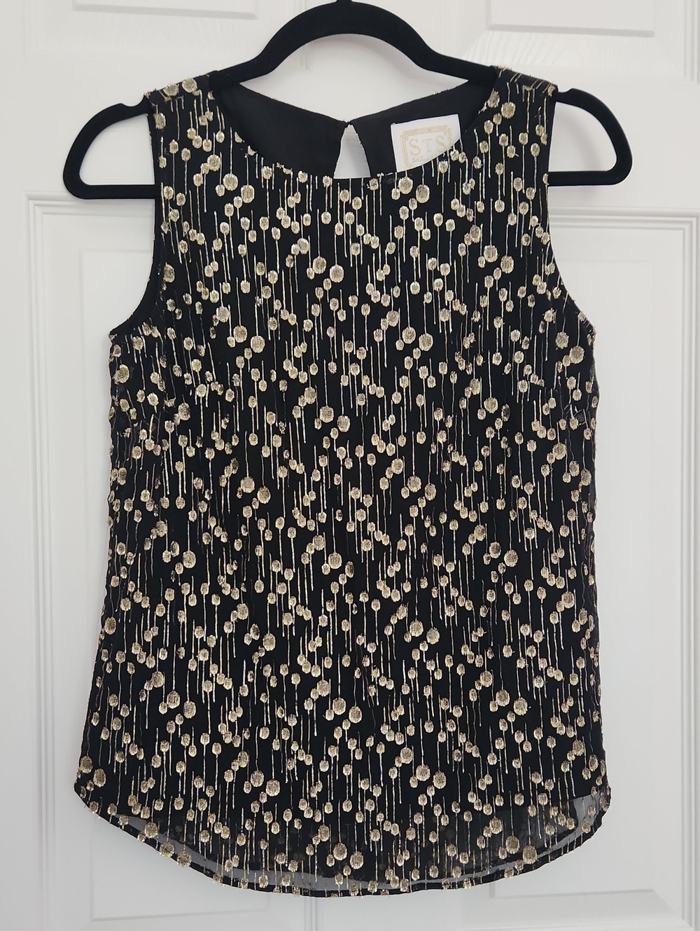 Chic Going Out Sail to Sable Black Silk Sleeveless Top With Gold Thread Design